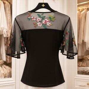 RETRO Embroidered Black Sheer and Floral Blouse